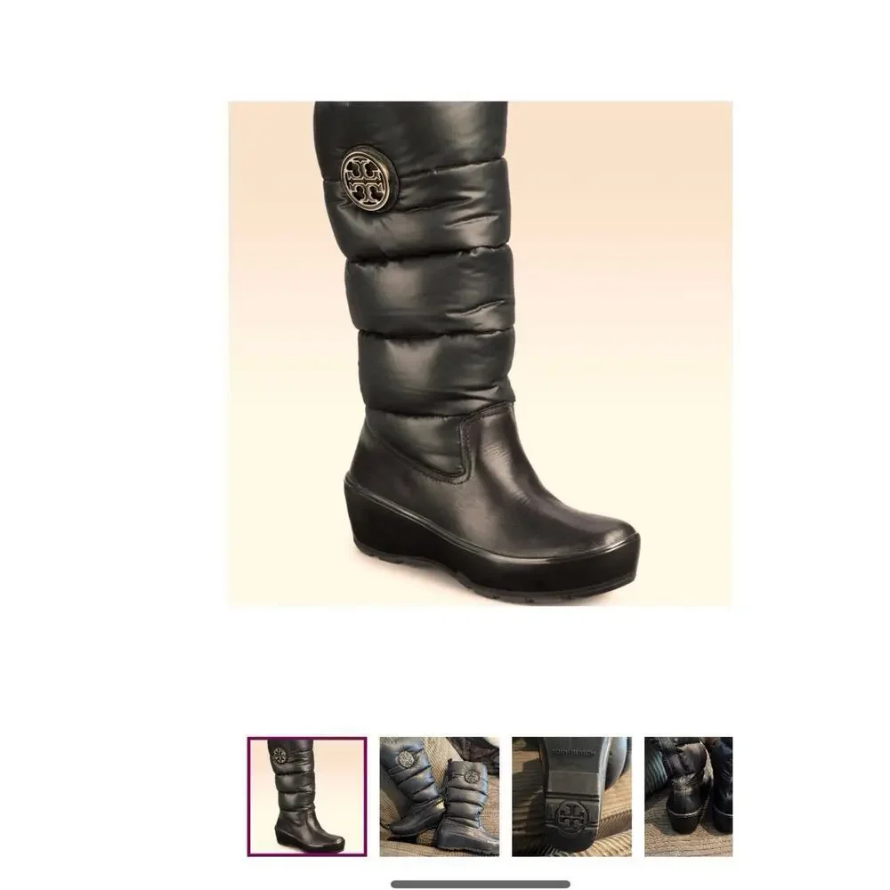 Tory Burch Black Puffer Down Wedge Logo Snow Winter Boots size 9